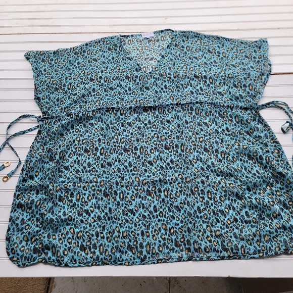 Mud Pie Womens Blue Green Brown Yellow Leopard V-Neck Swim Cover Up Tie L/ XL - Picture 2 of 14